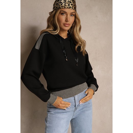 Czarna Bluza z Kapturem Ozdobiona Ściągaczami i Metaliczną Nitką Ulisiela ze sklepu renee.pl w kategorii Bluzy damskie - zdjęcie 184218308