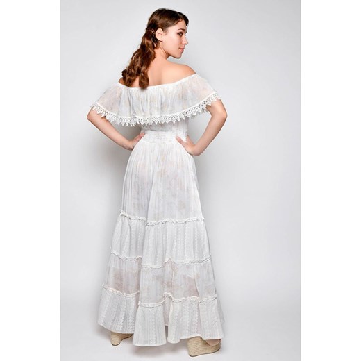 Biała sukienka Tarifa z krótkimi rękawami z dekoltem typu hiszpanka 