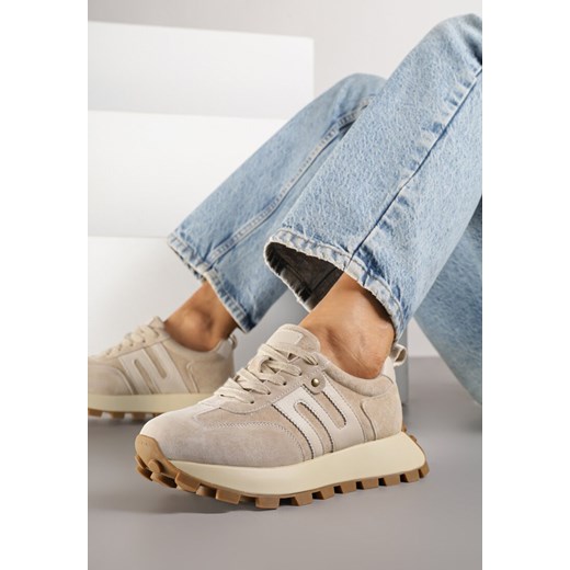 Beżowe Skórzane Sneakersy z Geometrycznym Motywem Melussea ze sklepu born2be.pl w kategorii Buty sportowe damskie - zdjęcie 184235918
