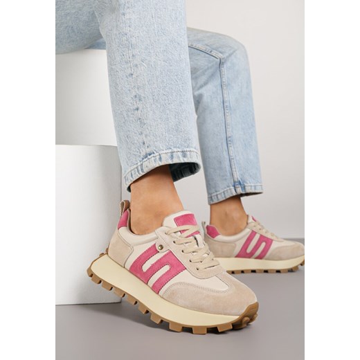 Beżowo-Fuksjowe Sneakersy ze Skóry Naturalnej Ozdobione Geometrycznym Wzorem Melassea ze sklepu renee.pl w kategorii Buty sportowe damskie - zdjęcie 184236059