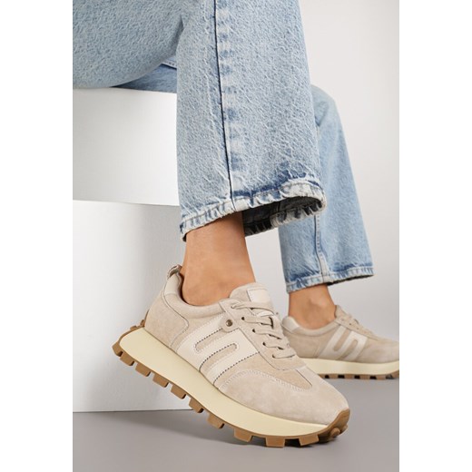 Beżowe Sneakersy ze Skóry Naturalnej Ozdobione Geometrycznym Wzorem Melassea ze sklepu renee.pl w kategorii Buty sportowe damskie - zdjęcie 184236065