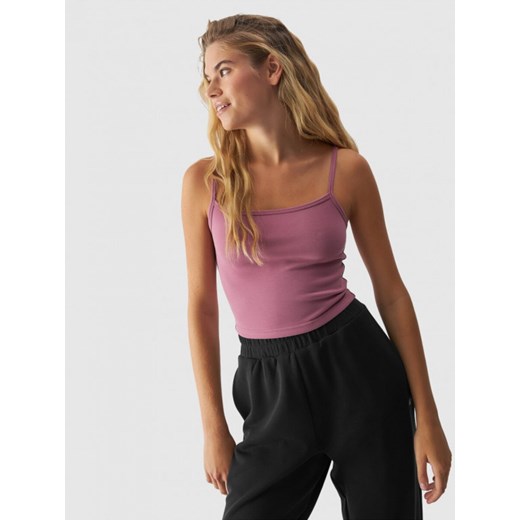 Damski crop-top 4F 4FWAW24TSLEF107 - różowy ze sklepu Sportstylestory.com w kategorii Bluzki damskie - zdjęcie 184236316