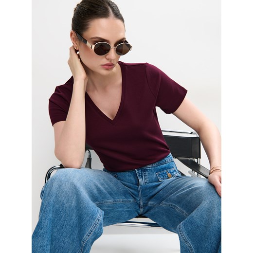 Mohito - T-shirt z merceryzowanej bawełny - kasztanowy ze sklepu Mohito w kategorii Bluzki damskie - zdjęcie 184239346