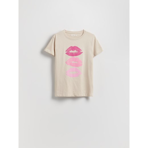 Reserved - Bawełniany t-shirt z nadrukiem - beżowy ze sklepu Reserved w kategorii Bluzki damskie - zdjęcie 184241646