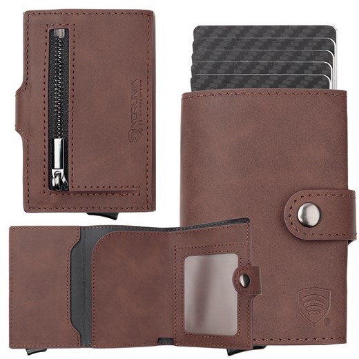 Portfel męski z kieszenią na bilon oraz aluminiowym etui z wysuwanymi kartami (ciemny brąz) ze sklepu Koruma ID Protection w kategorii Portfele męskie - zdjęcie 184250386