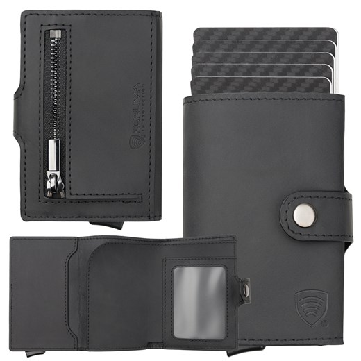 Portfel męski z kieszenią na bilon oraz aluminiowym etui z wysuwanymi kartami (czarny) ze sklepu Koruma ID Protection w kategorii Portfele męskie - zdjęcie 184250388
