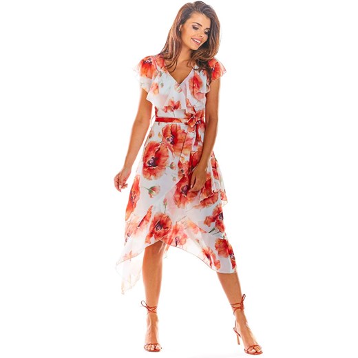Midi sukienka elegancka w kwiaty z falbaną A308, Kolor biały-kwiaty, Rozmiar XL, XL promocja Primodo
