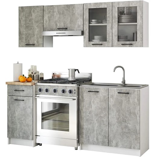 Mały komplet mebli kuchennych beton z witryną 180 cm M6-W78 ze sklepu Edinos.pl w kategorii Dom - zdjęcie 184257868