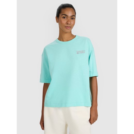 Damski t-shirt oversize z nadrukiem 4F 4FRSS25TTSHF3161 - turkusowy ze sklepu Sportstylestory.com w kategorii Bluzki damskie - zdjęcie 184280155