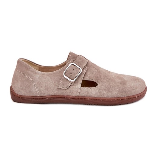 Zamszowe Półbuty Barefoot Damskie Z Klamrą Zazoo N1261 Beżowe beżowy ze sklepu ButyModne.pl w kategorii Półbuty damskie - zdjęcie 184285207