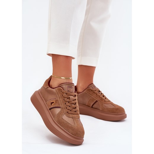 Skórzane Damskie Sneakersy Na Platformie Big Star By Daniel Lopez SS2D4005 Brązowe ze sklepu ButyModne.pl w kategorii Buty sportowe damskie - zdjęcie 184288479