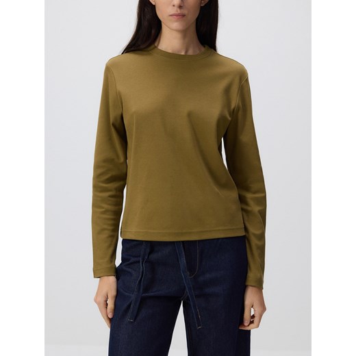 Reserved - Longsleeve z merceryzowanej bawełny - oliwkowy ze sklepu Reserved w kategorii Bluzki damskie - zdjęcie 184289839