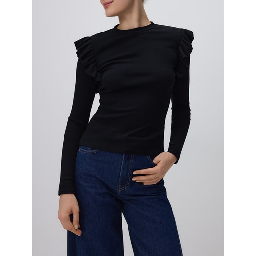 Reserved - Dzianinowy longsleeve z falbanami - czarny ze sklepu Reserved w kategorii Bluzki damskie - zdjęcie 184293618