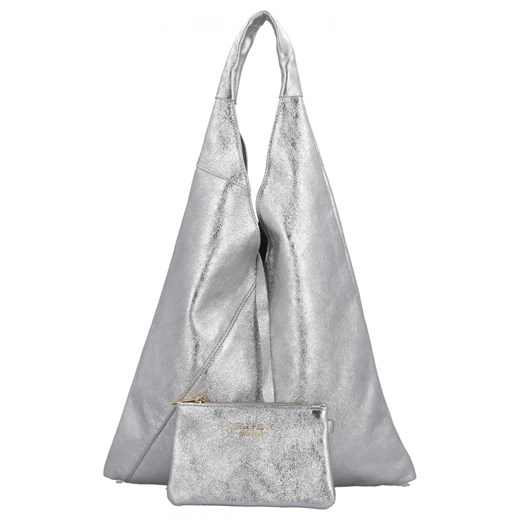 Włoska Torebka Skórzana Shopper Bag z Małą Kosmetyczką 5820S Srebrna ze sklepu PaniTorbalska w kategorii Torby Shopper bag - zdjęcie 184294276