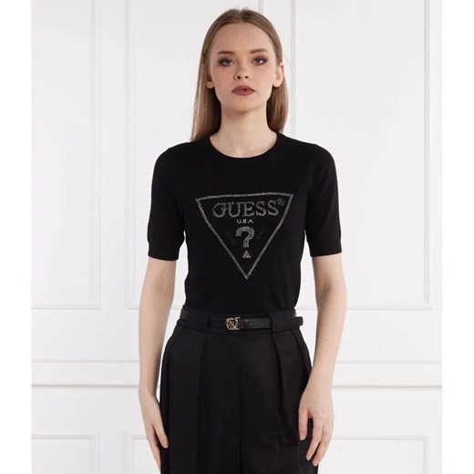 GUESS Sweter KAYLA LOGO RN SS SWTR | Slim Fit ze sklepu Gomez Fashion Store w kategorii Swetry damskie - zdjęcie 184344006