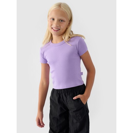 Dziewczęcy t-shirt basic 4F 4FJRSS24TTSHF2053 - fioletowy ze sklepu Sportstylestory.com w kategorii Bluzki dziewczęce - zdjęcie 184525698