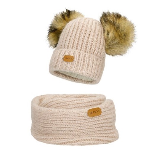 Zestaw Zimowy Z Wełną Merino Bartek 85603-84 Beżowa Czapka Z Dwoma Pomponami I Komin ze sklepu Wojas w kategorii Komplety czapka i szalik damskie - zdjęcie 184535287