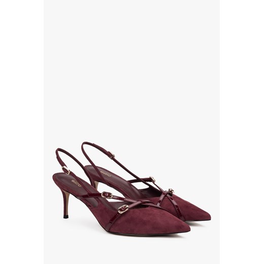 Estro: Burgundowe czółenka damskie typu slingback z miękkiego weluru ze sklepu Estro w kategorii Czółenka - zdjęcie 184535757