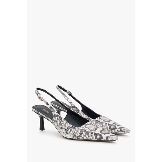 Estro: Czarno-szare skórzane czółenka damskie typu slingback ze zwierzęcym wzorem ze sklepu Estro w kategorii Czółenka - zdjęcie 184535776