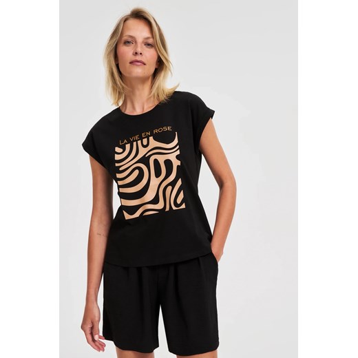 T-shirt z geometrycznym nadrukiem czarny ze sklepu Moodo.pl w kategorii Bluzki damskie - zdjęcie 184535867