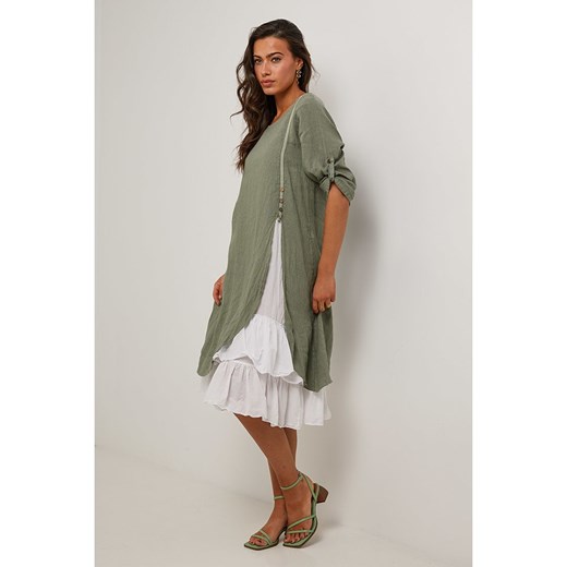 Le Monde du Lin Lniana sukienka w kolorze oliwkowo-białym Le Monde Du Lin 38/40 okazja Limango Polska