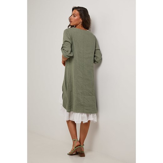 Le Monde du Lin Lniana sukienka w kolorze oliwkowo-białym Le Monde Du Lin 36/38 Limango Polska okazyjna cena