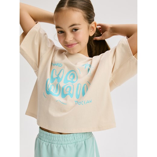 Reserved - Bawełniany t-shirt z nadrukiem - beżowy ze sklepu Reserved w kategorii Bluzki dziewczęce - zdjęcie 184541925