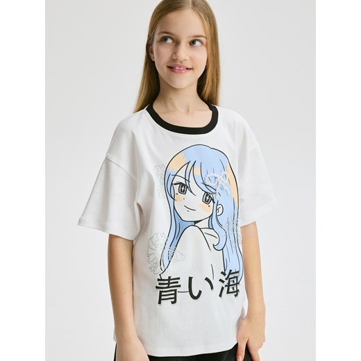 Reserved - Bawełniany t-shirt z aplikacją - złamana biel ze sklepu Reserved w kategorii Bluzki dziewczęce - zdjęcie 184542137