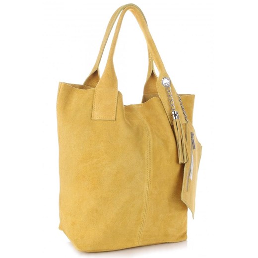 Włoska Torebka Skórzana  Shopper bag Zamsz Naturalny Żółta ze sklepu PaniTorbalska w kategorii Torby Shopper bag - zdjęcie 184544047