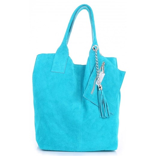 Włoska Torebka Skórzana  Shopper bag Zamsz Naturalny Turkusowa ze sklepu PaniTorbalska w kategorii Torby Shopper bag - zdjęcie 184544078