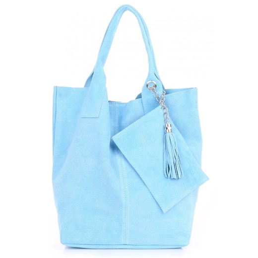 Włoska Torebka Skórzana  Shopper bag Zamsz Naturalny Błękitna ze sklepu PaniTorbalska w kategorii Torby Shopper bag - zdjęcie 184544096