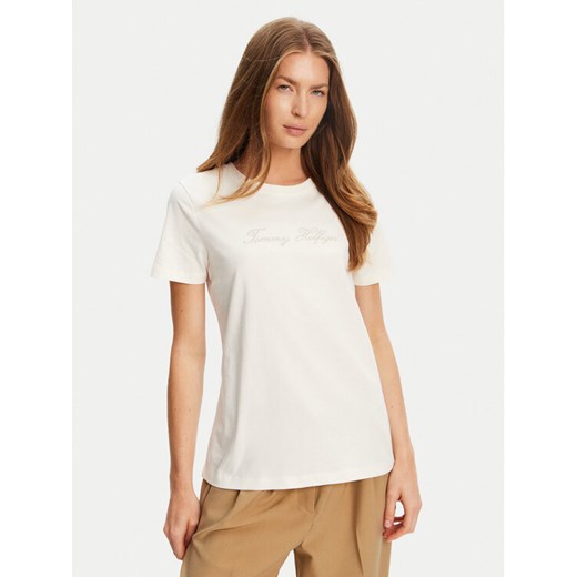 Tommy Hilfiger T-Shirt Script WW0WW47210 Écru Regular Fit ze sklepu MODIVO w kategorii Bluzki damskie - zdjęcie 184562188