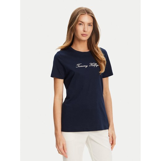 Tommy Hilfiger T-Shirt Script WW0WW47210 Granatowy Regular Fit ze sklepu MODIVO w kategorii Bluzki damskie - zdjęcie 184562217