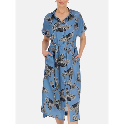 Niebieska sukienka z printem abstrakcyjnych liści Potis & Verso Adel ze sklepu Eye For Fashion w kategorii Sukienki - zdjęcie 184565775