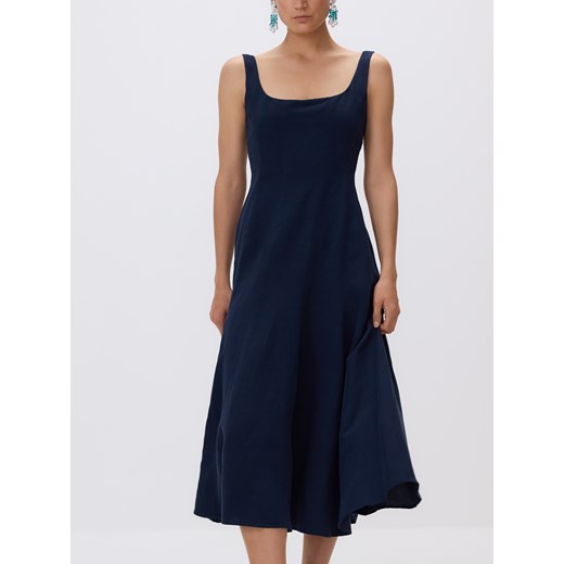 Reserved - Sukienka midi z dodatkiem lnu - granatowy Reserved M Reserved