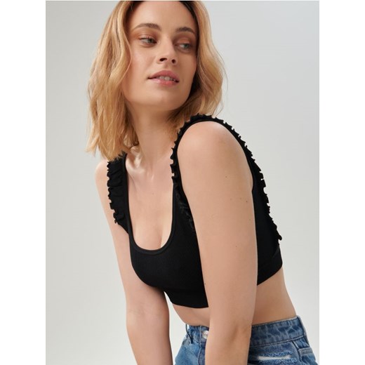 Sinsay - Crop top z falbanami - czarny Sinsay M Sinsay wyprzedaż