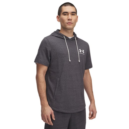 Męska bluza dresowa nierozpinana z krótkim rękawem Under Armour UA Rival Terry LC SS HD - szara ze sklepu Sportstylestory.com w kategorii Bluzy męskie - zdjęcie 184592097