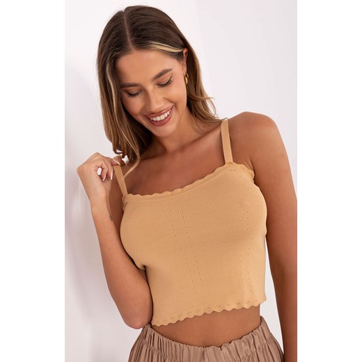 Dzianinowy top damski w prążek 178-TP-3008.94, Kolor karmelowy, Rozmiar S/M, Rue Paris ze sklepu Intymna w kategorii Bluzki damskie - zdjęcie 184595566