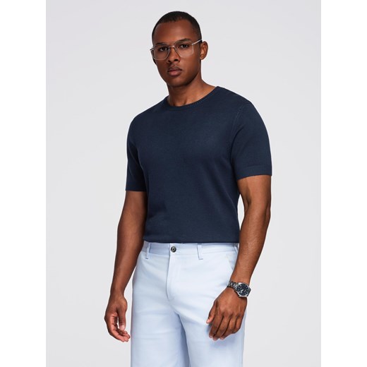 Męska klasyczna dzianinowa koszulka ze ściągaczami– granatowa V1 OM-TSCT-0252 ze sklepu ombre w kategorii T-shirty męskie - zdjęcie 184595938