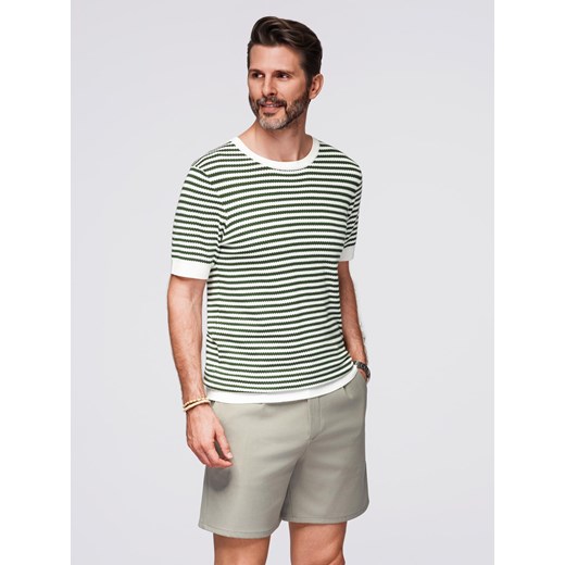 Męski dzianinowy t-shirt w marynarskie paski z ażurowym splotem – oliwkowo-biały V3 OM-TSCT-0255 ze sklepu ombre w kategorii T-shirty męskie - zdjęcie 184595947
