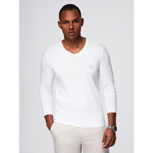Męski longsleeve V-neck SLIM FIT z elastanem i printem – biały V2 OM-LSBC-0123 ze sklepu ombre w kategorii T-shirty męskie - zdjęcie 184597288