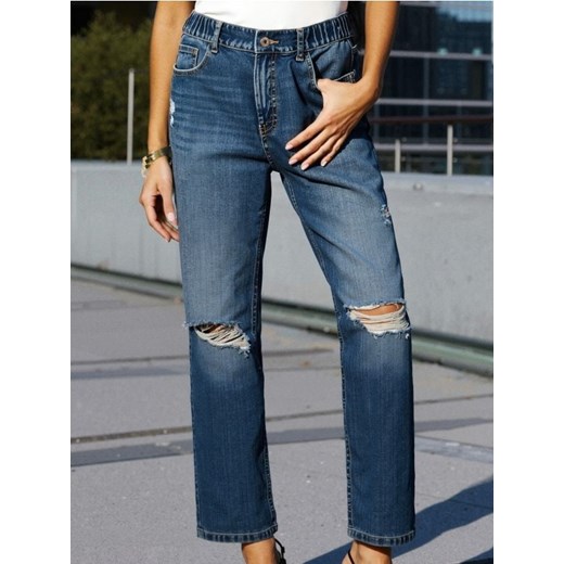 Sinsay - Jeansy mom fit z przetarciami - granatowy ze sklepu Sinsay w kategorii Jeansy damskie - zdjęcie 184600427