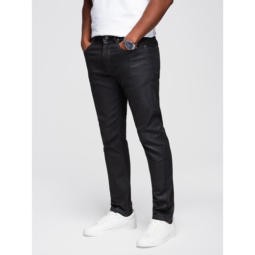 Męskie woskowane spodnie jeansowe SLIM FIT – czarne V3 OM-PADP-0149 ze sklepu ombre w kategorii Jeansy męskie - zdjęcie 184602148