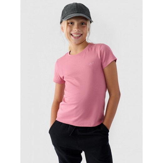 Dziewczęcy t-shirt basic 4F 4FJWMM00TTSHF1658 - różowy ze sklepu Sportstylestory.com w kategorii Bluzki dziewczęce - zdjęcie 184610548