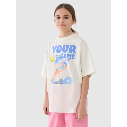Dziewczęcy t-shirt oversize z nadrukiem 4F 4FJASAW24TTSHF2592 - biały ze sklepu Sportstylestory.com w kategorii Bluzki dziewczęce - zdjęcie 184610756