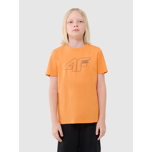 T-shirt regular z nadrukiem chłopięcy 4F 4FJWSS25TTSHM2185 - pomarańczowy ze sklepu Sportstylestory.com w kategorii Bluzki dziewczęce - zdjęcie 184610769