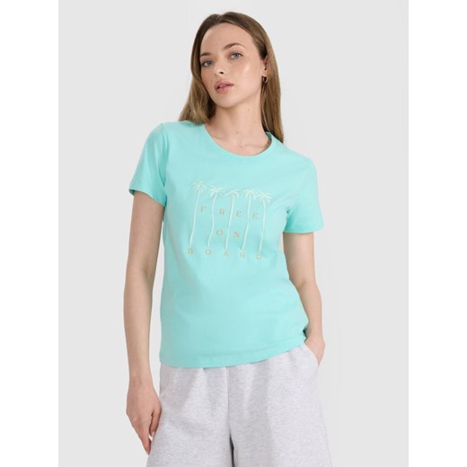 Damski t-shirt z nadrukiem 4F 4FRSS25TTSHF3162 - turkusowy ze sklepu Sportstylestory.com w kategorii Bluzki damskie - zdjęcie 184611107
