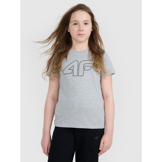Dziewczęca koszulka oversize z nadrukiem 4F 4FJWMM00TTSHF2333 - szara ze sklepu Sportstylestory.com w kategorii Bluzki dziewczęce - zdjęcie 184611145