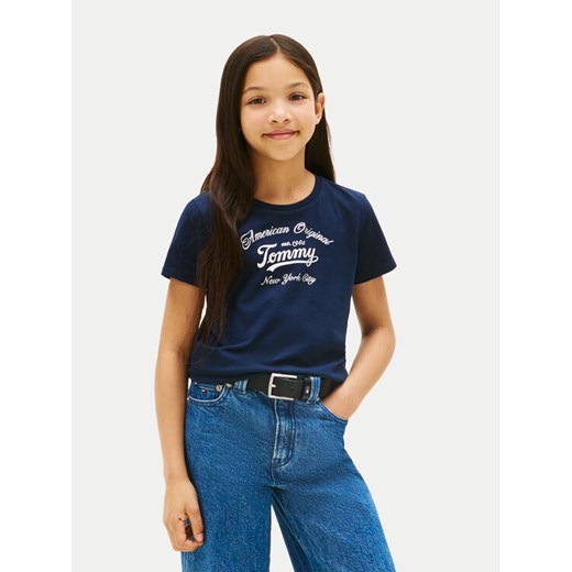 Tommy Hilfiger T-Shirt Script KG0KG08636 Granatowy Regular Fit ze sklepu MODIVO w kategorii Bluzki dziewczęce - zdjęcie 184623249