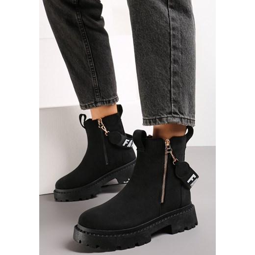 Czarne Botki na Grubej Podeszwie z Ozdobną Tasiemką Cudrey ze sklepu born2be.pl w kategorii Botki - zdjęcie 184626485